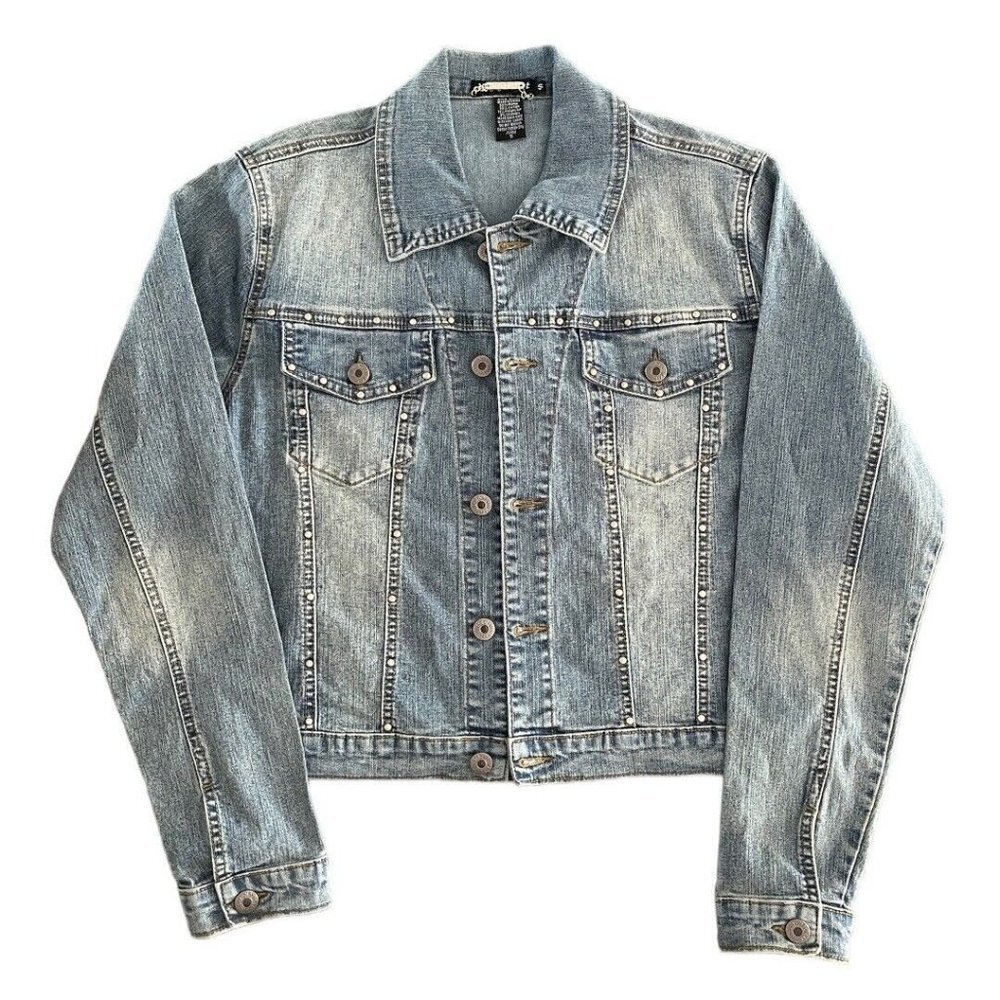 Vintage Mechant Stretch Denim Jean Short Jacket Studded Flower Back Detail